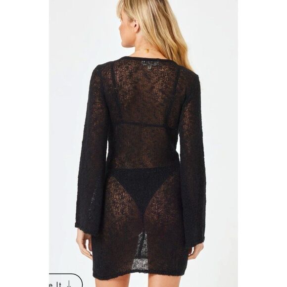 Lspace Authentic Solid Black Palisades Cover Up Long Sleeve V Neck Mini Large - Picture 5 of 12